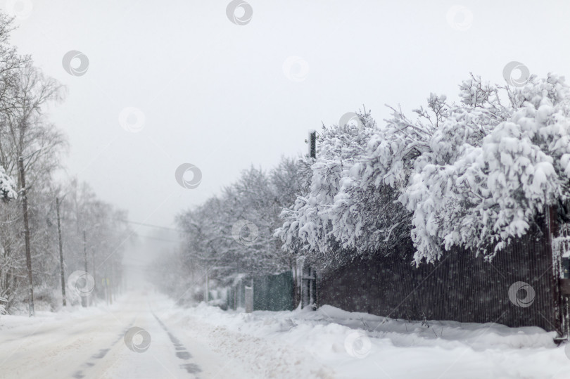 Скачать Россия, Гатчина, январь 2025 года: зимняя улица в маленьком городке во время снегопада фотосток Ozero