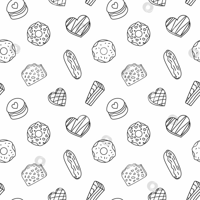 Скачать Бесшовный узор Sweets doodle с шоколадом, конфетами, эклерами, пончиками, макаронами. Векторные узоры бесконечны. Образец рисунка черной линией для обоев, ткани, упаковки, фона. фотосток Ozero