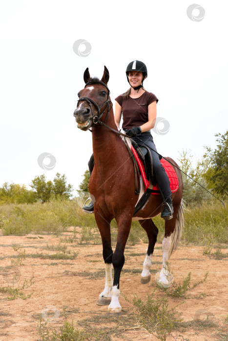 Скачать Девушка сидит верхом на лошади породы пинто. Лошадь улыбается фотосток Ozero