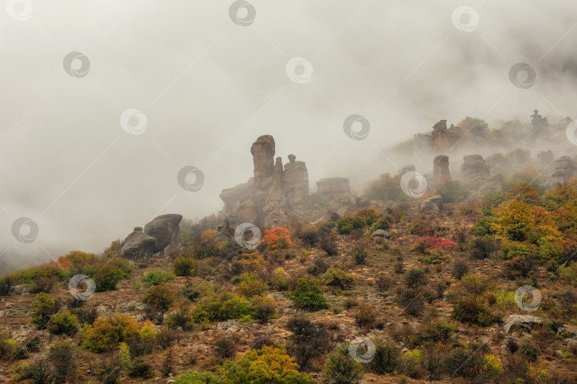 Скачать Причудливые скалы в утреннем тумане и низких облаках. фотосток Ozero