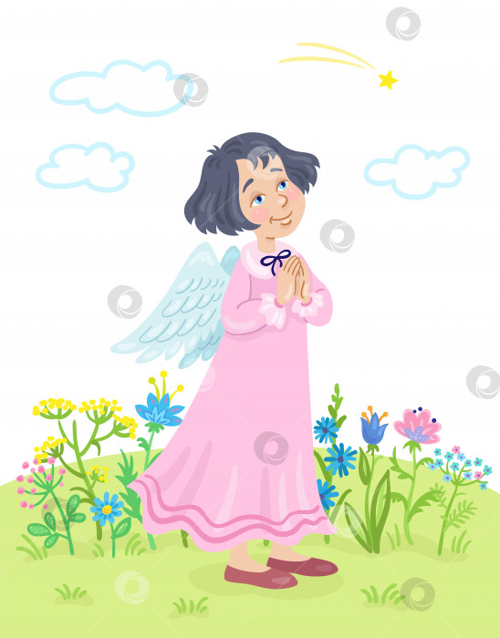 Скачать Милая девушка-ангел стоит на цветочном лугу и смотрит на падающую звезду. В мультяшном стиле фотосток Ozero