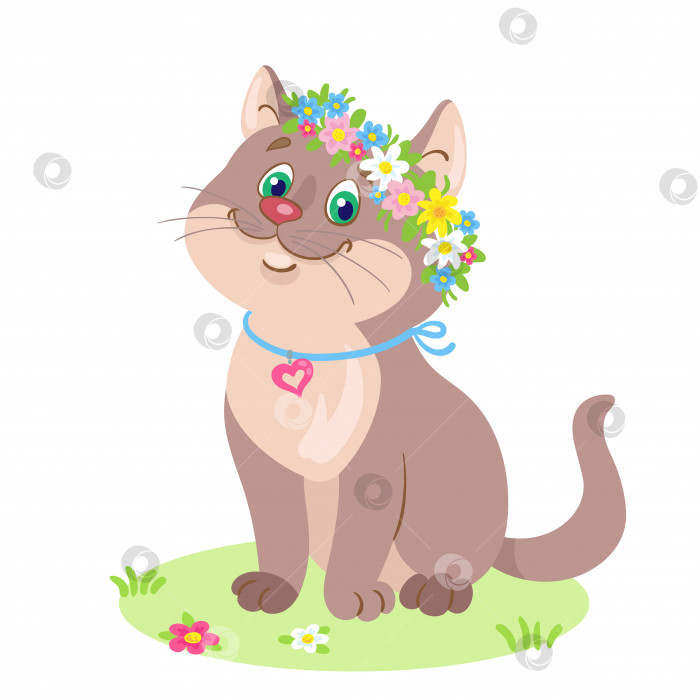 Скачать Милый кот сидит на лугу в цветочном венке фотосток Ozero