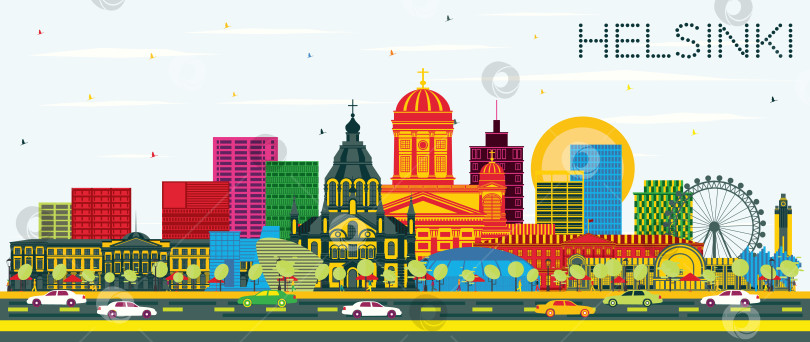 Скачать Городской пейзаж Хельсинки, Финляндия, с цветными зданиями и голубым небом. фотосток Ozero
