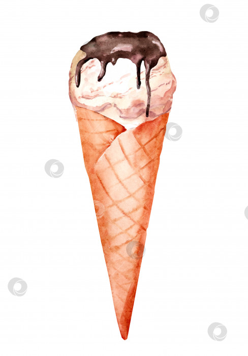 Скачать Ванильное мороженое в вафельном рожке с шоколадной глазурью. Акварельная рисованная иллюстрация летнего десерта фотосток Ozero