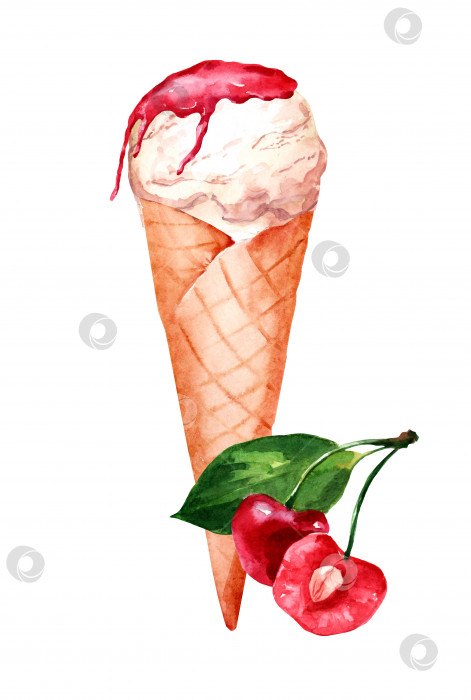 Скачать Мороженое в вафельном рожке с вишневой посыпкой. Акварельная рисованная иллюстрация летнего десерта фотосток Ozero