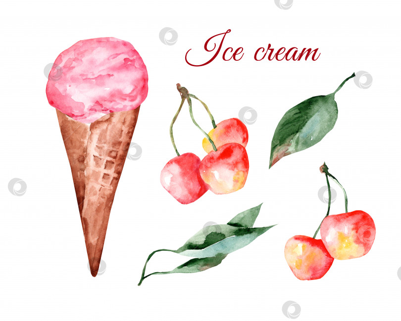 Скачать Вишневое мороженое в вафельном рожке с вишнями. Набор акварельных иллюстраций к летнему десерту, нарисованных от руки фотосток Ozero