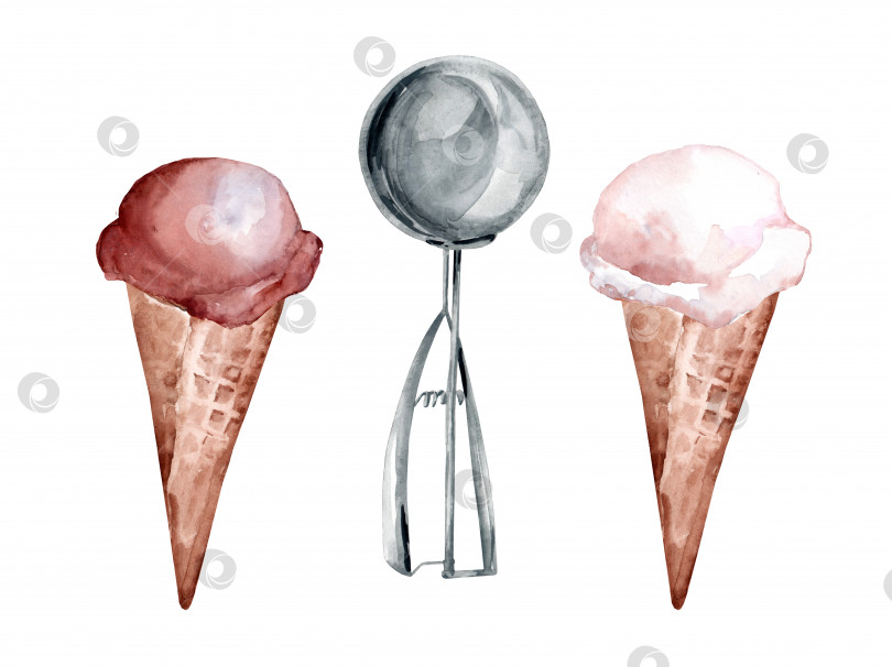 Скачать Набор акварельного мороженого с ложечкой. Ванильно-шоколадное мороженое в вафельном рожке фотосток Ozero