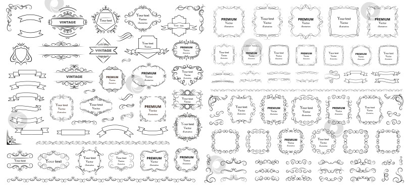 Скачать Элементы каллиграфического дизайна. Декоративные завитки и завитушки, винтажные рамки, завитушки, этикетки и разделители. Элементы дизайна специальной упаковки ко дню Святого Валентина. Векторная иллюстрация в стиле ретро фотосток Ozero