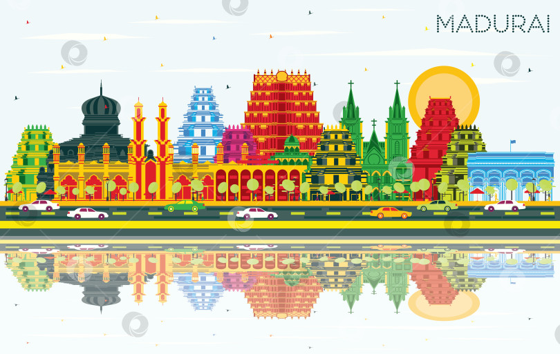 Скачать Горизонт индийского города Мадурай с цветными зданиями, голубым небом и отражениями. фотосток Ozero