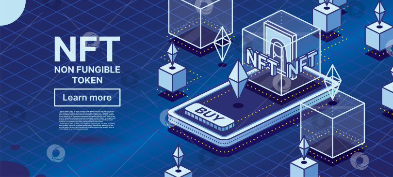 Скачать Мобильный телефон с приложением для покупки токенов NFT. Изометрическая концепция с иллюстрациями внутри прозрачного куба. фотосток Ozero