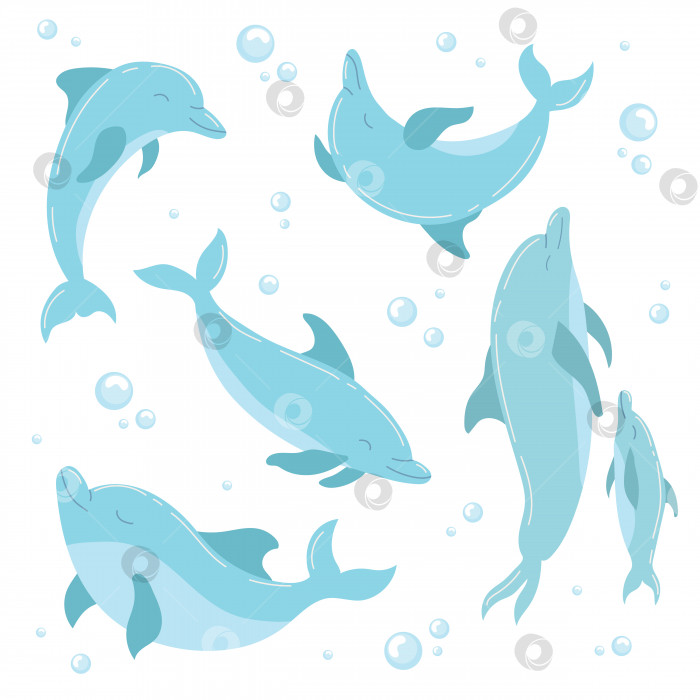 Скачать Плоский набор голубых дельфинов на белом фоне. Векторная иллюстрация с милыми пузырями и прыгающими дельфинами под водой. фотосток Ozero