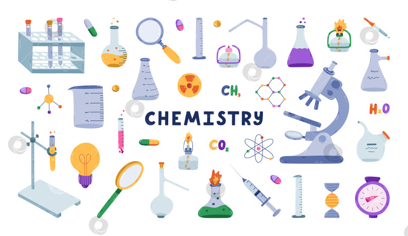 Скачать Большой мультяшный химический набор с научными и лабораторными иллюстрациями. Лабораторное оборудование для химических, генетических, медицинских экспериментов, исследований. Изолированные рисунки от руки для изучения химии, медицины, биологии. фотосток Ozero