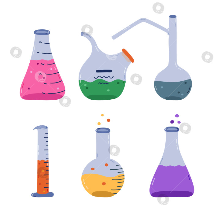 Скачать Милый мультяшный набор с лабораторным стаканом с химическим раствором, реактивом и пузырьком. Круглая колба с плоским дном, стеклянная посуда, пробирка для научных химических экспериментов. Лабораторное оборудование, изолированное друг от друга, нарисованное вручную. фотосток Ozero