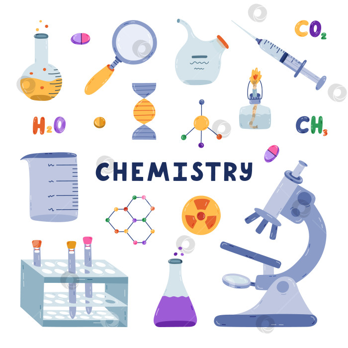 Скачать Милый мультяшный набор с изображением химии, науки и лаборатории. Лабораторное оборудование для химических, генетических, медицинских экспериментов и исследований. Нарисованные от руки каракули для изучения медицины и биологии выделены на белом фоне. фотосток Ozero