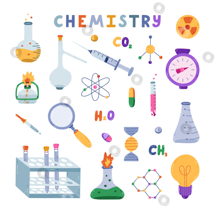 Скачать Милый мультяшный набор с изображением химии, науки и лаборатории. Лабораторное оборудование для химических, генетических, медицинских экспериментов и исследований. Нарисованные от руки каракули для изучения медицины и биологии выделены на белом фоне. фотосток Ozero