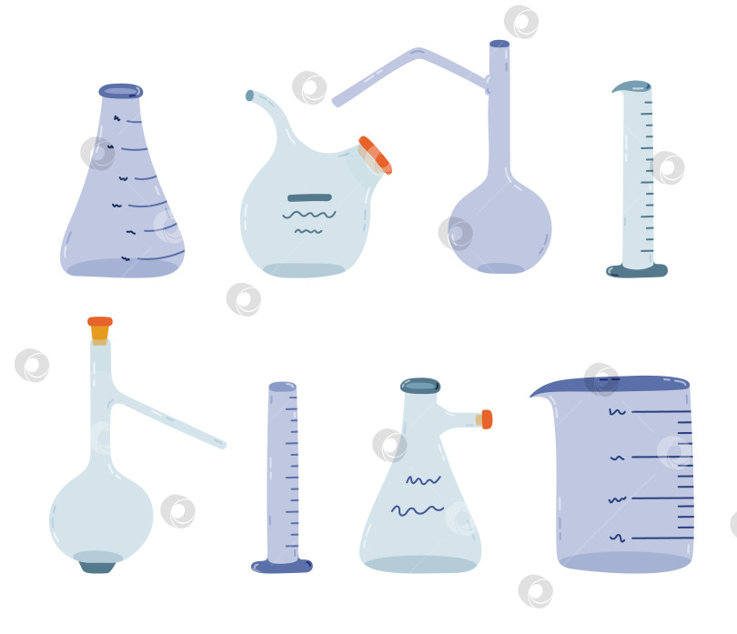Скачать Милый мультяшный набор с пустым лабораторным стаканом. Плоская, круглая, высокая колба, стеклянная посуда, пробирка для научных экспериментов, химических и медицинских тестов. Лабораторное оборудование, выделенное от руки на белом фоне. фотосток Ozero