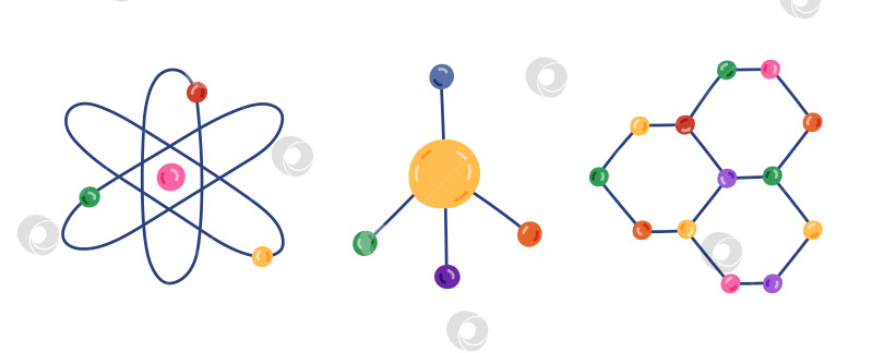 Скачать Милый мультяшный набор со структурой химических молекул и атомов. Нарисованная от руки химическая формула как символ науки, медицины, технологии, биологии. Научная молекулярная модель, выделенная на заднем плане. фотосток Ozero