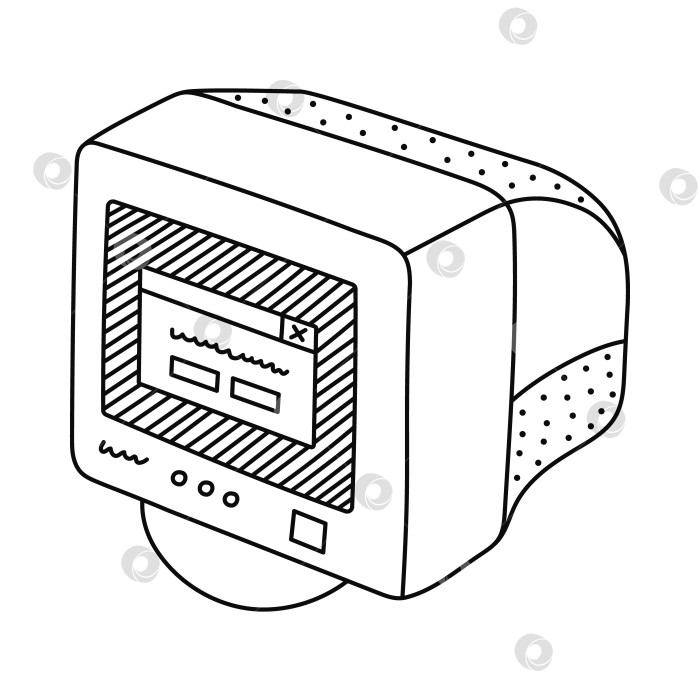 Скачать Симпатичный компьютер в стиле ретро с электронно-лучевой трубкой и электронно-лучевым монитором 90-х и 00-х годов. Старый компьютерный компьютер с контуром в виде эмблемы 1990-х годов. Ностальгия по винтажу и эстетике Y2k. На заднем плане нарисованный от руки клипарт. фотосток Ozero