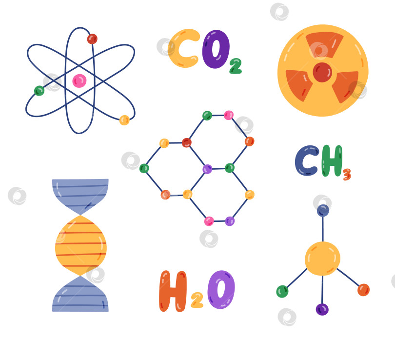 Скачать Милый мультяшный набор с символами химии. Молекула, атом, химические формулы H2O, CO2, CH2, хромосомы ДНК, ядерное излучение. Нарисованный от руки символ науки, медицины, технологии, биологии. фотосток Ozero