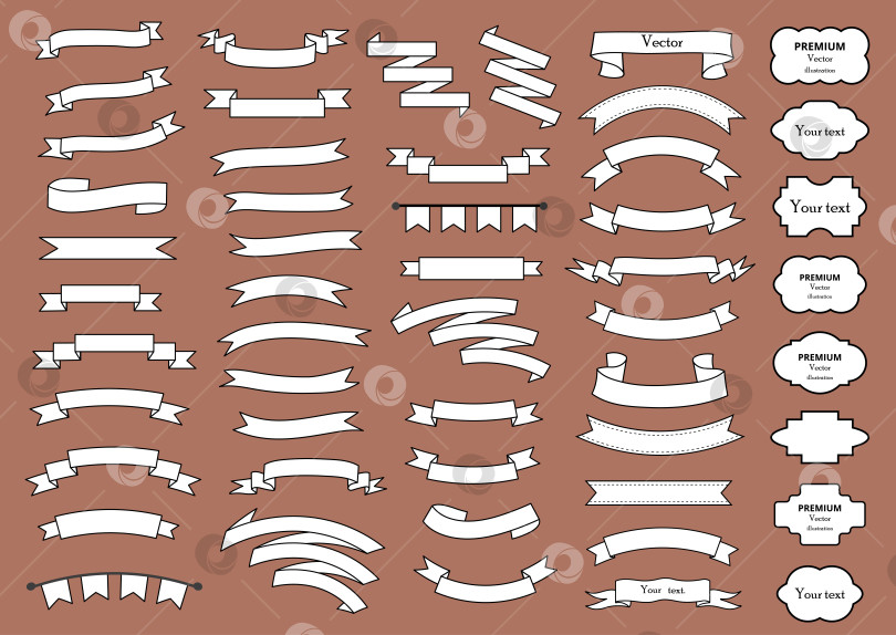 Скачать Набор белых плоских лент. Простая коллекция лент в стиле ретро. Винтажный графический шаблон для пустой ленты. Элегантная современная закрученная полоса. Баннер с загнутым заголовком, оформление заголовка, значок, эмблема в текстовой рамке фотосток Ozero