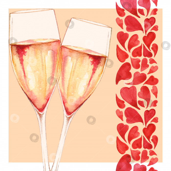 Скачать Акварель два бокала шампанского вино алкоголь сердце любовь романтическая рамка граница поздравительная открытка изолированная художественная иллюстрация фотосток Ozero
