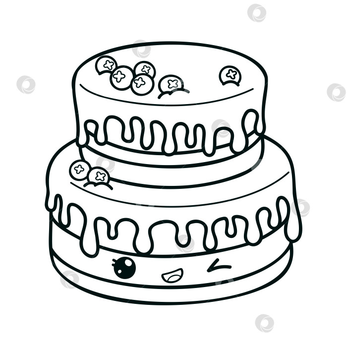 Скачать Торт с черникой в стиле кавайи улыбается и подмигивает. Раскраска, doodle. фотосток Ozero