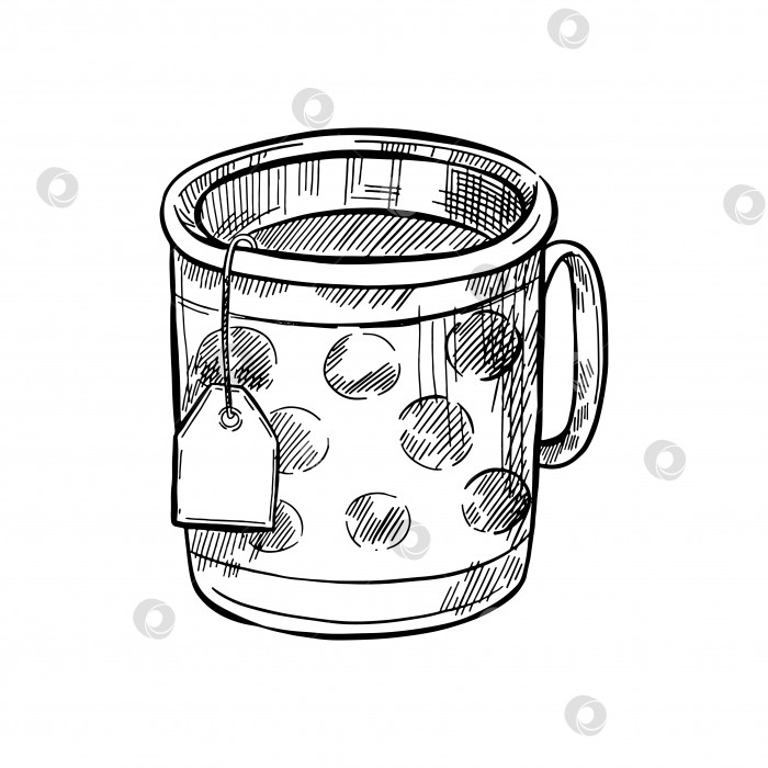 Скачать векторная иллюстрация эскиза - кружка с чайным пакетиком. Иллюстрация контура напитка Hugge фотосток Ozero