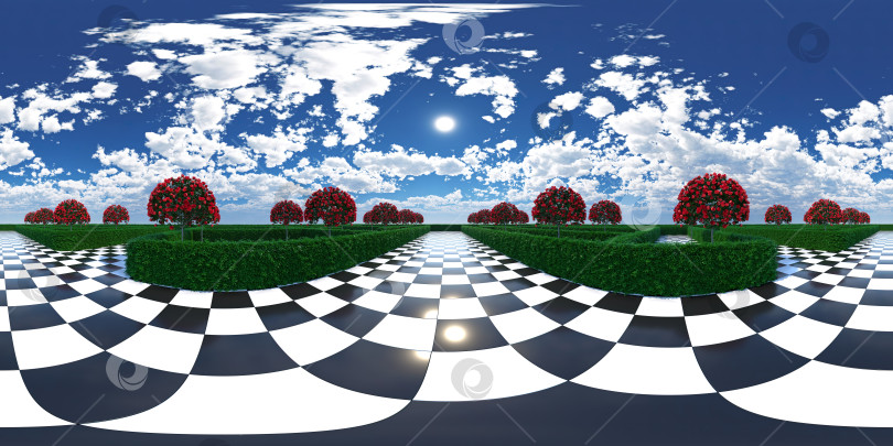 Скачать HDRI. Сад-лабиринт. Шахматы, деревья, красные цветы, облака в небе. Тема "Алиса в стране чудес". Полная сферическая панорама на 360 градусов. 3D-иллюстрация. фотосток Ozero