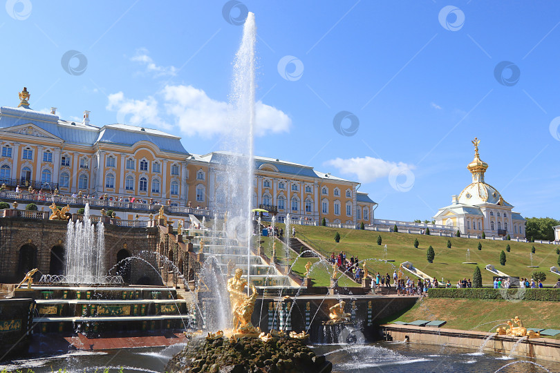 Скачать Россия, Санкт-Петербург, Петергоф, 12 июля 2021 года. На фотографии изображен фонтан Большого каскада в Нижнем парке Государственного музея-заповедника "Петергоф" и гуляющие по парку люди, выборочный фокус фотосток Ozero