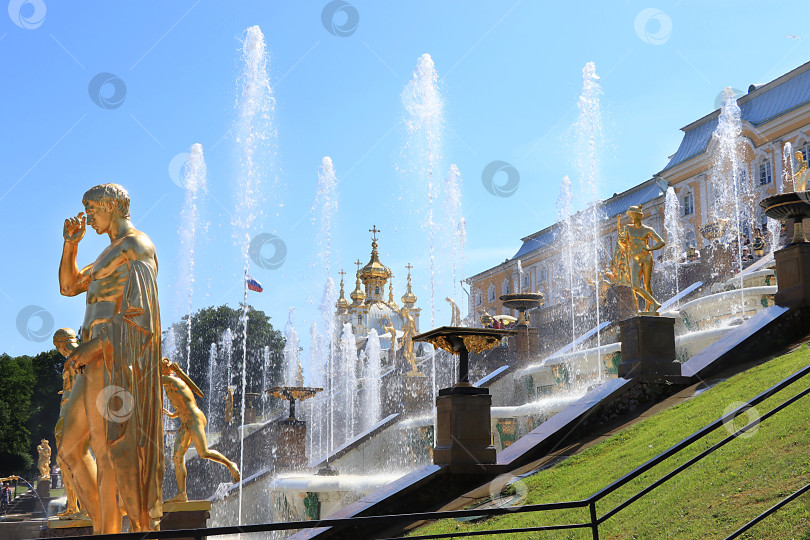 Скачать Россия, Санкт-Петербург, Петергоф, 12 июля 2021 года. На фотографии фонтан Большого каскада в Нижнем парке Государственного музея-заповедника "Петергоф" и скульптуры крупным планом в брызгах воды, выборочный фокус фотосток Ozero