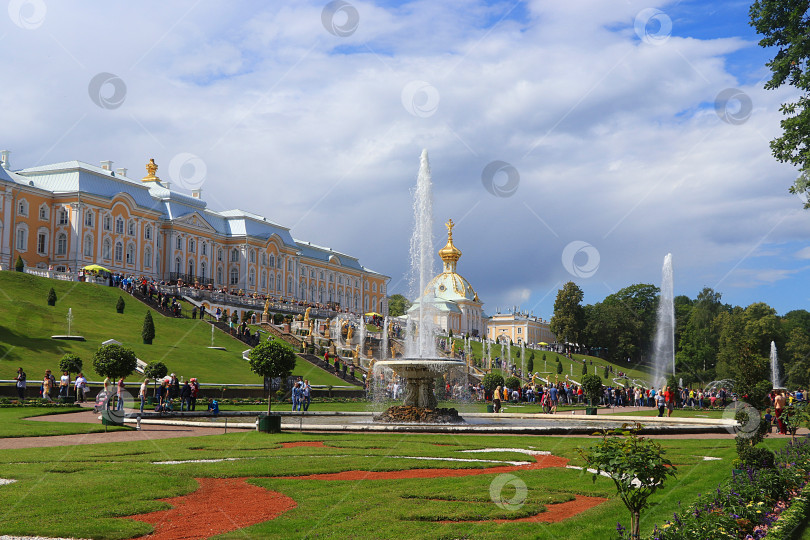 Скачать Россия, Санкт-Петербург, Петергоф, 4 июля 2018 года. На фото фонтан "Большой каскад" в Верхнем парке Государственного музея-заповедника "Петергоф" и люди, прогуливающиеся по парку фотосток Ozero