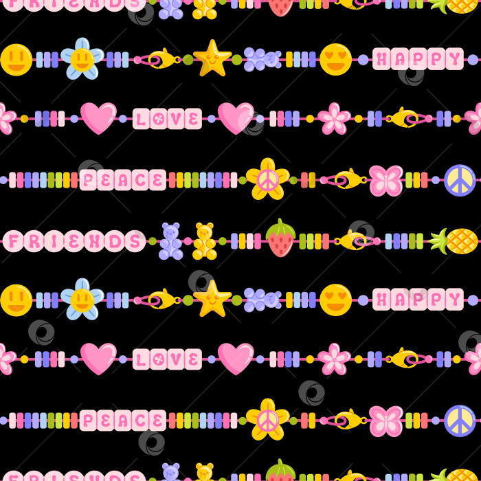 Скачать бесшовный узор, демонстрирующий украшения ручной работы, в том числе браслеты дружбы и бусы с надписями. Он сочетает в себе стили хиппи, эмодзи, мармеладного мишки и Y2K, идеально подходит для обоев, текстиля, упаковки фотосток Ozero