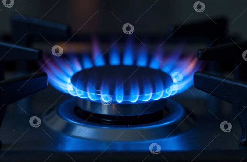 Скачать Синий огонь на газовой плите крупным планом, вид сбоку фотосток Ozero