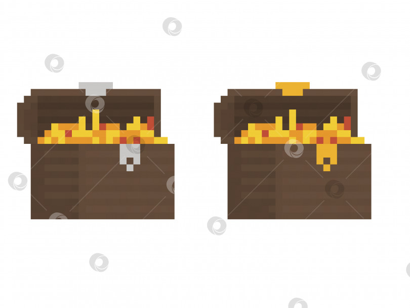Скачать Пиксельная графика RPG-игры "Сундук с сокровищами". Сундук с золотом, сделанный из дерева. фотосток Ozero