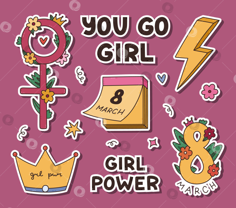 Скачать Прекрасный набор цветных наклеек doodle Girl Power к Международному женскому дню для планировщиков и записных книжек. Готов к печати набор милых наклеек с изображением женской солидарности и вдохновляющими надписями фотосток Ozero