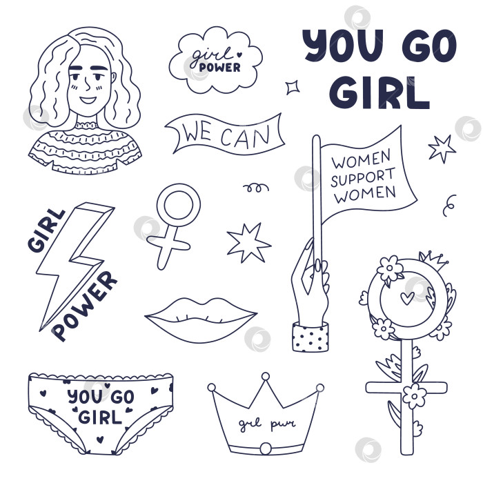 Скачать Нарисованный от руки набор наклеек doodle girl power с портретом леди, вдохновляющими цитатами из феминизма и милыми женскими символами. Прекрасный набор наклеек для расширения прав и возможностей женщин к Международному женскому дню, выделенный на белом фоне фотосток Ozero