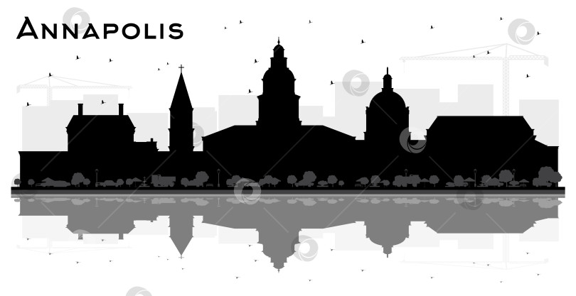 Скачать Силуэт города Аннаполис, штат Мэриленд, на фоне горизонта с черными зданиями и отражениями на белом фоне. Концепция туризма с исторической архитектурой. Городской пейзаж Аннаполиса, США, с достопримечательностями. фотосток Ozero