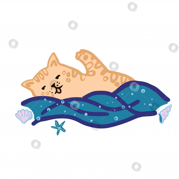Скачать Симпатичный маленький котик отдыхает на каникулах и купается в море. Векторная иллюстрация. фотосток Ozero