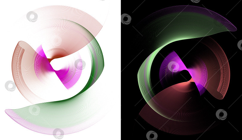 Скачать Волнистые абстрактные лопасти пропеллеров в зеленую, фиолетовую и красную полоску вращаются на белом и черном фоне. Набор. Иконка, логотип, символ, вывеска. 3D-рендеринг. 3D-иллюстрация. фотосток Ozero