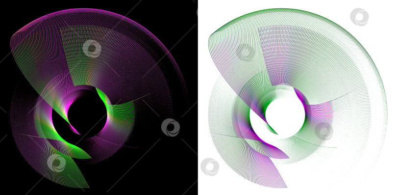 Скачать Абстрактные пропеллеры в зеленую и фиолетовую полоску с многослойными изогнутыми лопастями на черном и белом фоне. Набор. Иконка, логотип, символ, вывеска. 3D-рендеринг. 3D-иллюстрация. фотосток Ozero