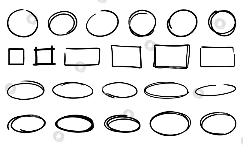 Скачать Набор штрихов различной формы, выделенных от руки. Квадрат, круг, овал, прямоугольник, метки. Набор элементов и фигур для рисования кистью для заметок к сообщениям фотосток Ozero