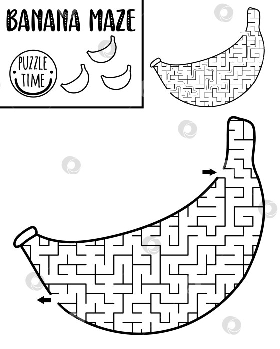Скачать Фруктовый черно-белый геометрический лабиринт для детей. Развивающие игры для дошкольников в форме банана. Игра-лабиринт "Еда капибары", раскраска или головоломка для детей фотосток Ozero