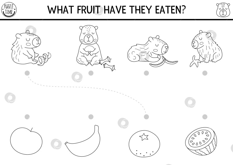 Скачать Подбор черно-белой капибары с милыми животными и фруктовыми отходами. Головоломка-раскраска "Капибара" с изображением яблока, банана, апельсина. Игра "Подбирай предметы". Рабочий лист для печати "Покормите животных" фотосток Ozero