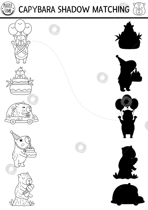 Скачать Упражнение по подбору черно-белой тени капибары. Головоломка на распознавание формы капибары. Найдите правильный силуэт на листе для печати, раскраске или в игре. Подбери страницу с животными для детей. фотосток Ozero