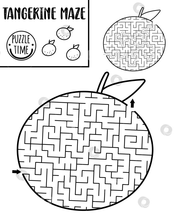 Скачать Фруктовый черно-белый геометрический лабиринт для детей. Развивающие игры для дошкольников в форме апельсина или мандарина. Игра-лабиринт "Еда капибары", раскраска или головоломка для детей фотосток Ozero