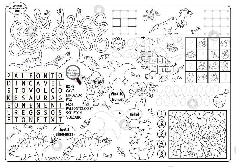 Скачать Векторный коврик с динозаврами для детей. Доисторический игровой коврик для печати с лабиринтом, крестиками-ноликами, картинками, чтобы соединить точки и найти отличия. Черно-белый игровой коврик или раскраска "Древние животные" фотосток Ozero