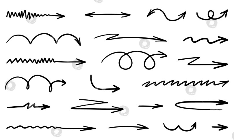 Скачать Набор нарисованных от руки черных стрелок разных форм и типов на белом фоне. Стрелки прямые, волнистые, витые, зигзагообразные, круглые. фотосток Ozero
