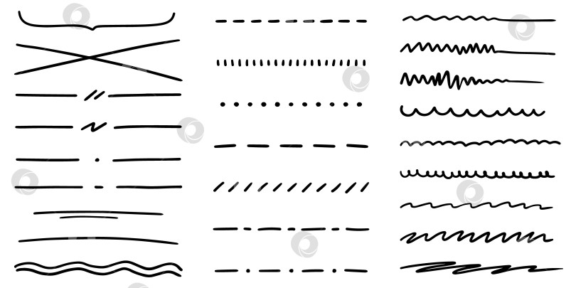 Скачать Набор абстрактных изогнутых линий, нарисованных от руки, линий подчеркивания, хайлайтеров, штрихов, каракулей, точек, тире. Волнистые, прямые, изогнутые линии. фотосток Ozero