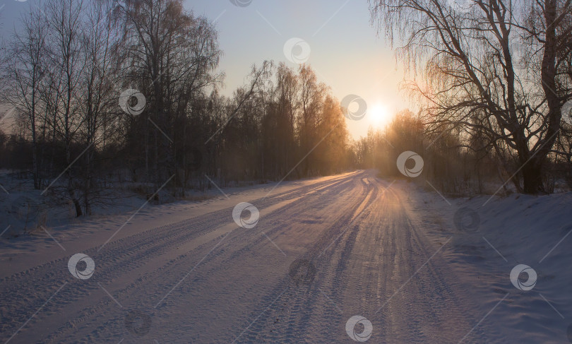 Скачать Зимняя заснеженная дорога утром на закате фотосток Ozero