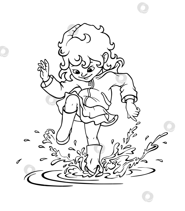 Скачать Раскраска с девочкой в резиновых сапогах, радостно прыгающей, плещущейся и топающей по луже после дождя весной, летом или осенью. Концепция счастливого детства. Нарисованная от руки контурная иллюстрация. Раскраска с изображением девочки в резиновых сапогах, которая радостно прыгает, брызгается и топает по луже после дождя весной, летом или осенью. Концепция счастливого детства. Нарисованная от руки иллюстрация фотосток Ozero